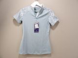 the shirt is blue and white with lace on the sleeves