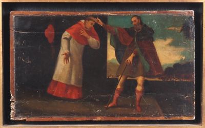 an old painting of a man and a woman standing next to each other