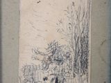 drawing of a man and a dog in a field with trees in the background