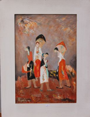 painting of a group of people with umbrellas walking down a street