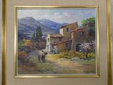 framed oil painting of a village scene with a horse in the foreground