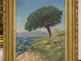 an image of a painting of a tree on a hill by the ocean