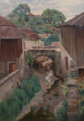 a painting of a small stream running through a village