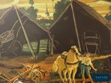 a painting of a man and two horses in front of a building