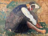 a painting of a woman sitting on the ground