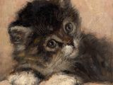 painting of a kitten resting on a pillow with a quote above it