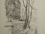 drawing of a tree in front of a building in a park