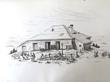 dessin représentant une scène de vie à la ferme avec des vaches et une grange