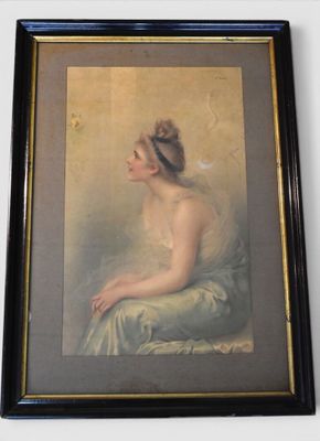 painting of a woman in a blue dress sitting on a chair