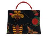 an image of a black and red handbag with a pattern on it