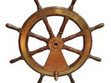 a close up of a wooden steering wheel on a white background
