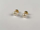 a pair of pearl earrings on a white surface