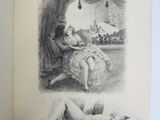 an old picture of a woman laying on the floor next to a lamp