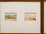 two framed watercolors of a landscape with a river in the foreground and a mountain in the background