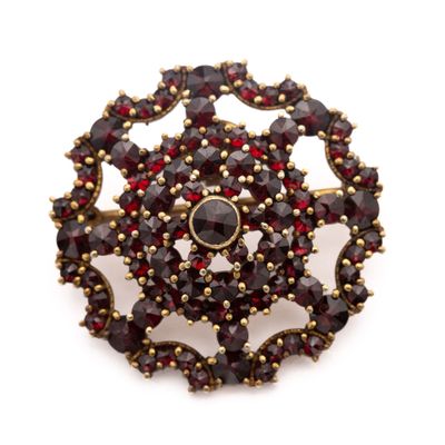 a close up of a brooch with garnets on it