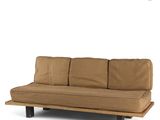 the futon sofa bed is made of wood and has a brown cover
