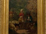 une image représentant un tableau où figurent un homme en manteau rouge et une femme en robe blanche