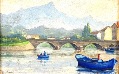 painting of two boats on a river with a bridge and mountains in the background