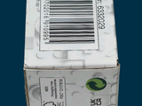 a white box with a barcode on it on a blue background