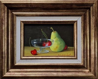 a painting of a pear and cherries in a glass bowl