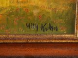 an oil painting of a field with flowers and a house in the distance