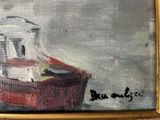 a painting of a red boat in a gold frame