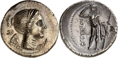 a silver coin with an image of a woman holding a sword
