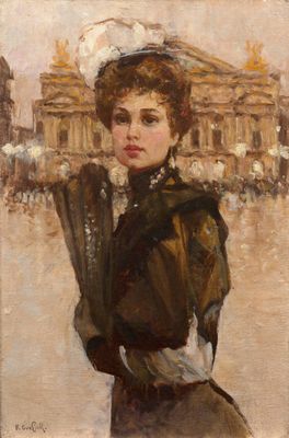 painting of a woman in a brown dress and hat holding an umbrella
