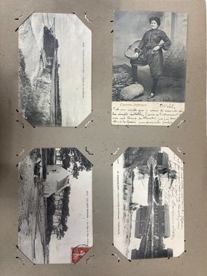 four pictures of a man in a hat and a woman in a dress and a man in a suit