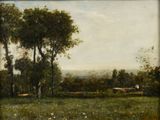 painting of a field with trees and a house in the distance