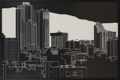 une image représentant un dessin d'un paysage urbain en noir et blanc
