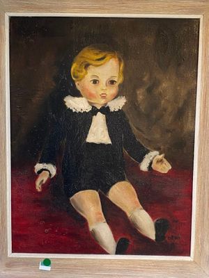 un tableau représentant une petite fille assise sur une couverture rouge
