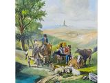 a painting of a group of people riding horses and cows