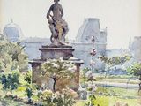 painting of a statue in a park with a building in the background