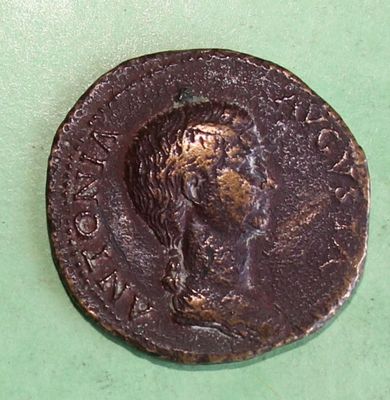 an old coin with a man ' s face on it on a green surface