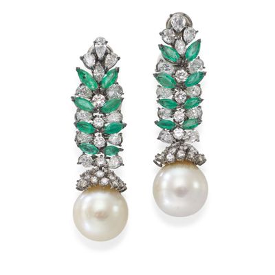 a pair of emerald and pearl earrings