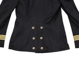 a black jacket with gold stripes and buttons on a white background
