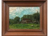 an oil painting of a farm scene with sheep grazing in a field