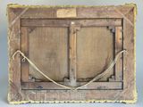 painting of a wooden frame with a rope and a sign on it