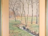 painting of a stream running through a field with trees in the background