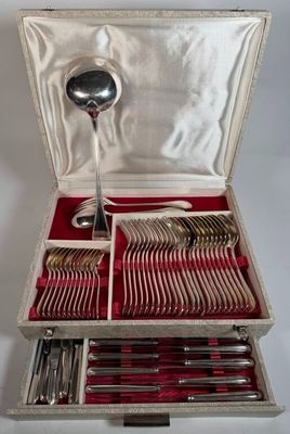 a silverware set in a silver case on a white surface