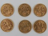 un lot de six souverains d'or, comprenant des souverains et des souverains