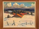 an oil painting of a farm in the snow with mountains in the background