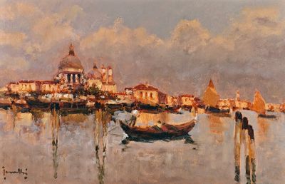 tableau représentant un bateau sur un plan d'eau, avec des bâtiments en arrière-plan