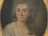 portrait of a lady in a white dress with a blue bow