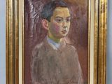 une peinture à l'huile représentant un homme vêtu d'une chemise marron et d'une cravate bleue