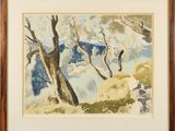 an image of a watercolor painting of trees on a hill