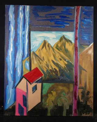 a painting of a small house in front of a mountain