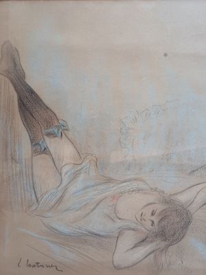 dessin représentant une femme allongée sur le ventre, les jambes croisées