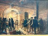 a painting of a group of people in a building